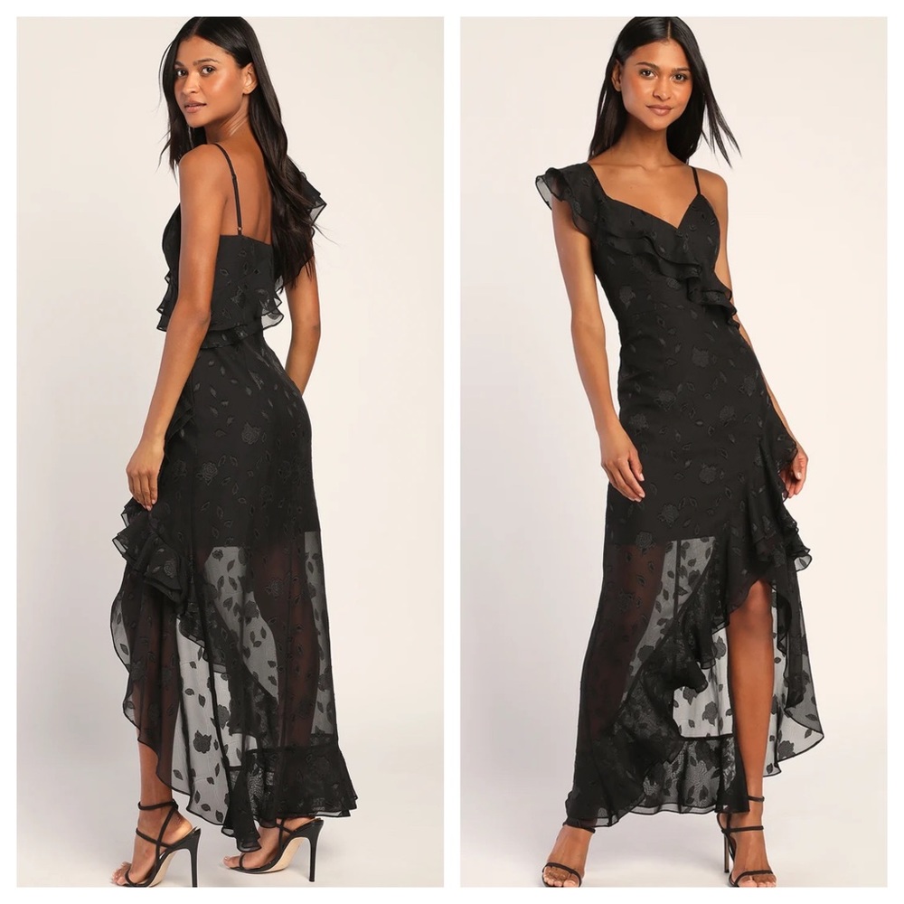 NEW Lulus Forever Be Black Floral Jacquard Ruffled Maxi Dress One Shoulder L $85